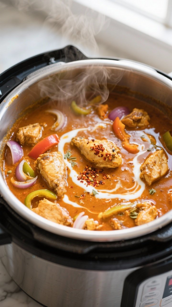 Cooking process close-up: Instant Pot chicken curry mid-cook right after pressure release, lid off w