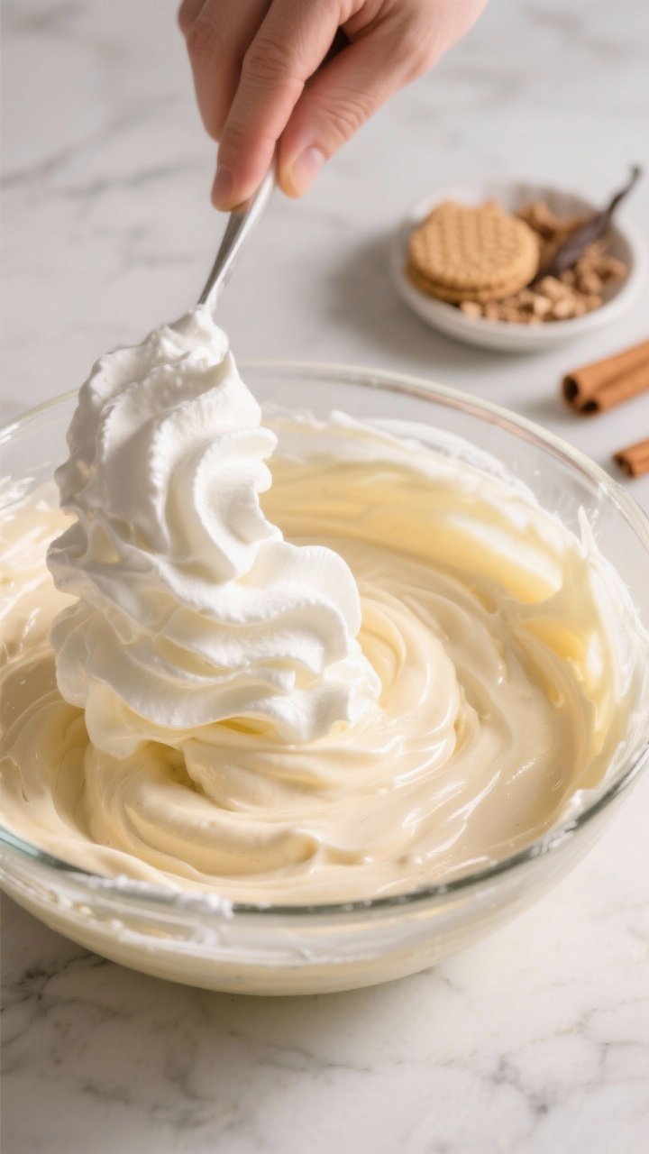 Cooking process — Close-up of silky banana pudding mixture being folded with freshly whipped cream
