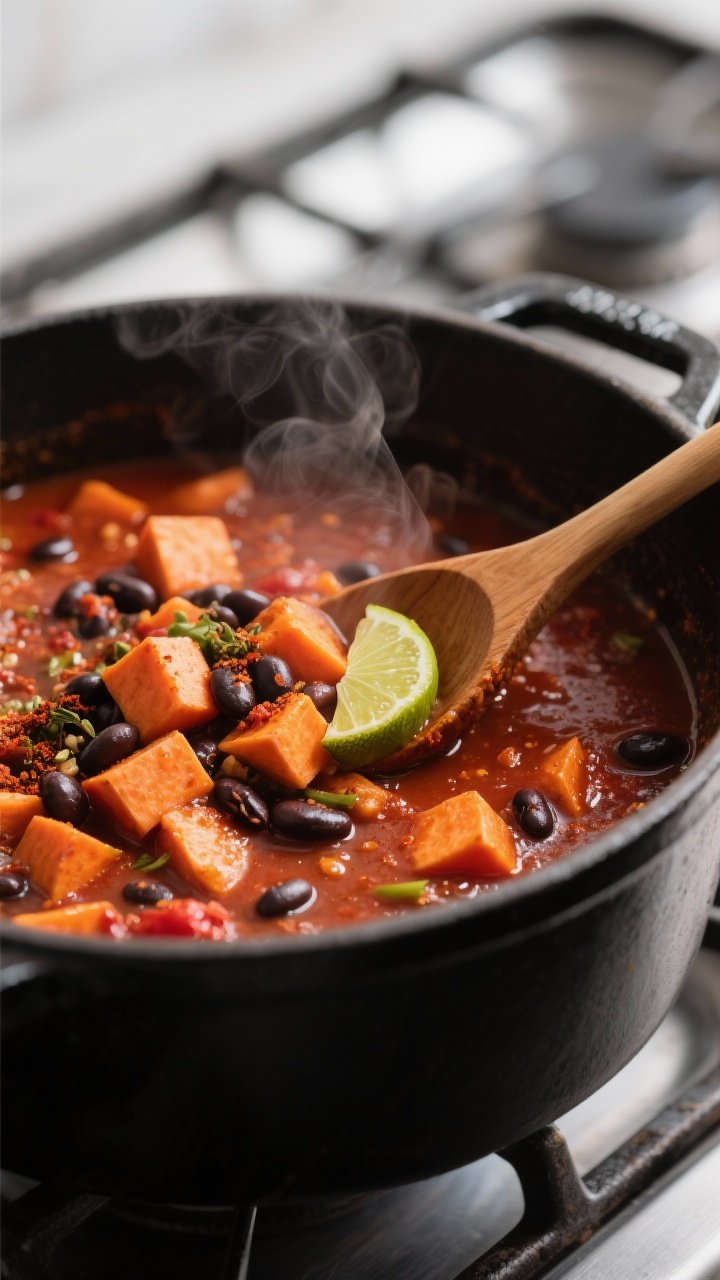 Cooking process — Close-up of vegetarian sweet potato chili simmering in a matte black Dutch oven: