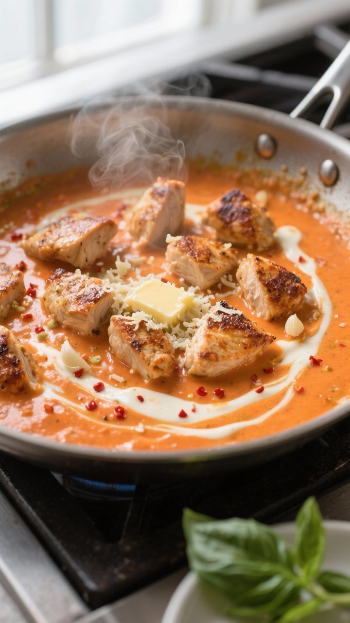 Cooking process close-up: Pan-seared chicken bites being returned to a silky orange vodka-tomato cre