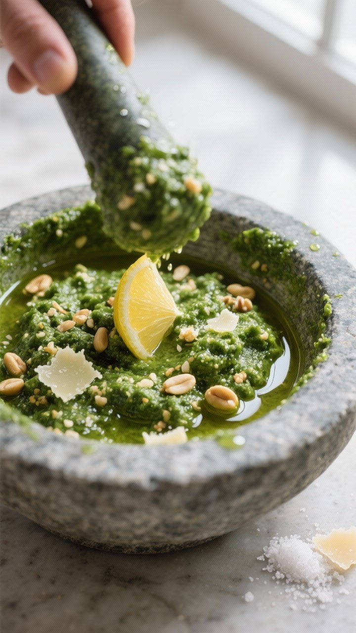 Cooking process close-up: Pesto being finished in a mortar and pestle, showing a lush, vivid-green, 