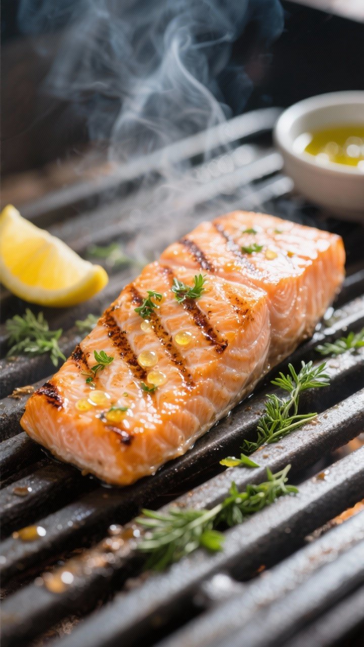 Cooking process close-up: Salmon fillet skin-side down on clean, oiled grill grates, mid-grill with 