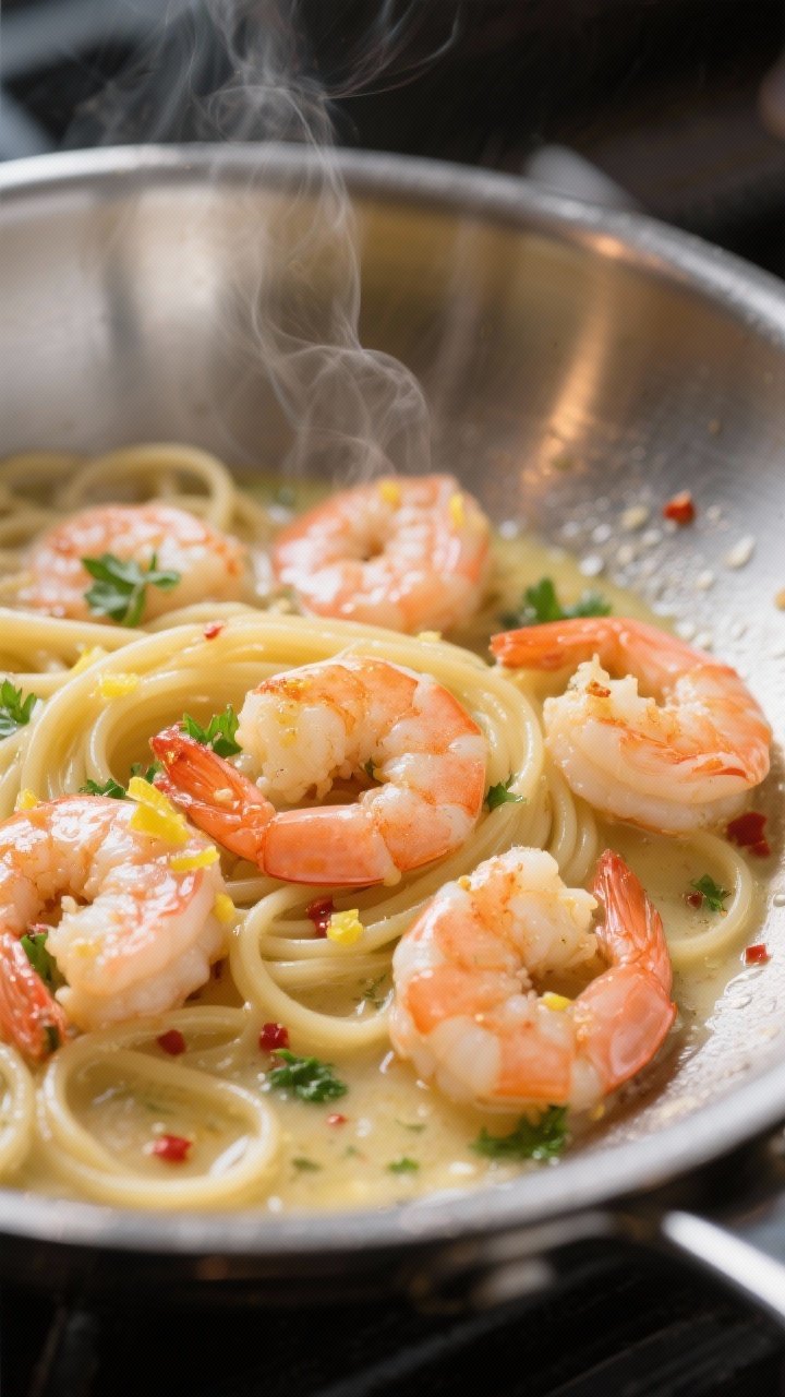 Cooking process close-up: Sautéed shrimp in a stainless-steel skillet just after deglazing, showing