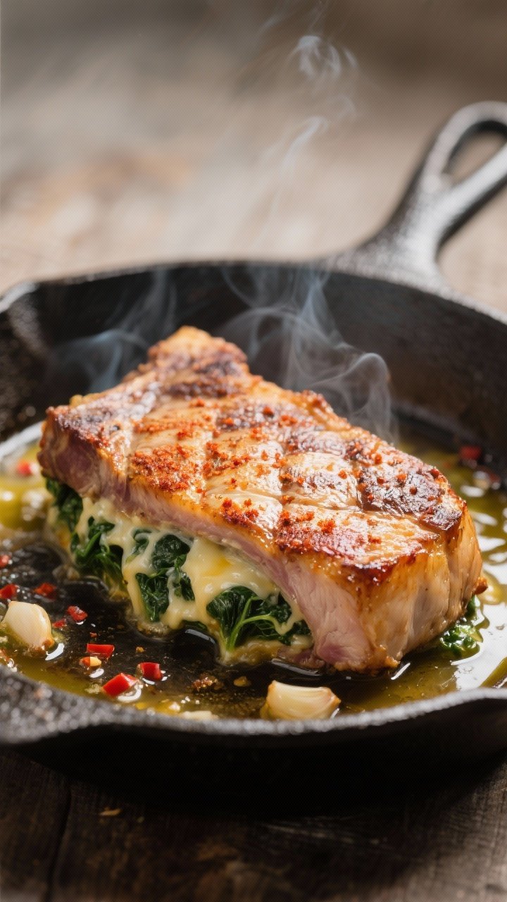 Cooking process, close-up sear: Close-up of golden-brown, stuffed pork chops searing in a cast-iron 