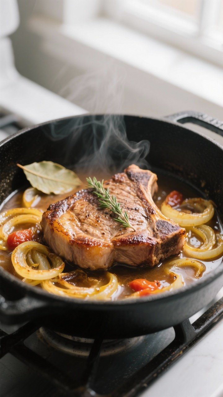 Cooking process close-up: Searing 1-inch bone-in pork chops in a matte black Dutch oven until deeply