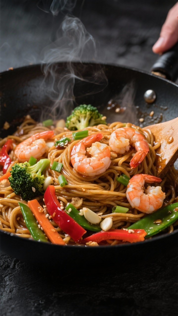 Cooking process close-up: Shrimp lo mein mid-stir in a carbon steel wok over high heat, glossy umami