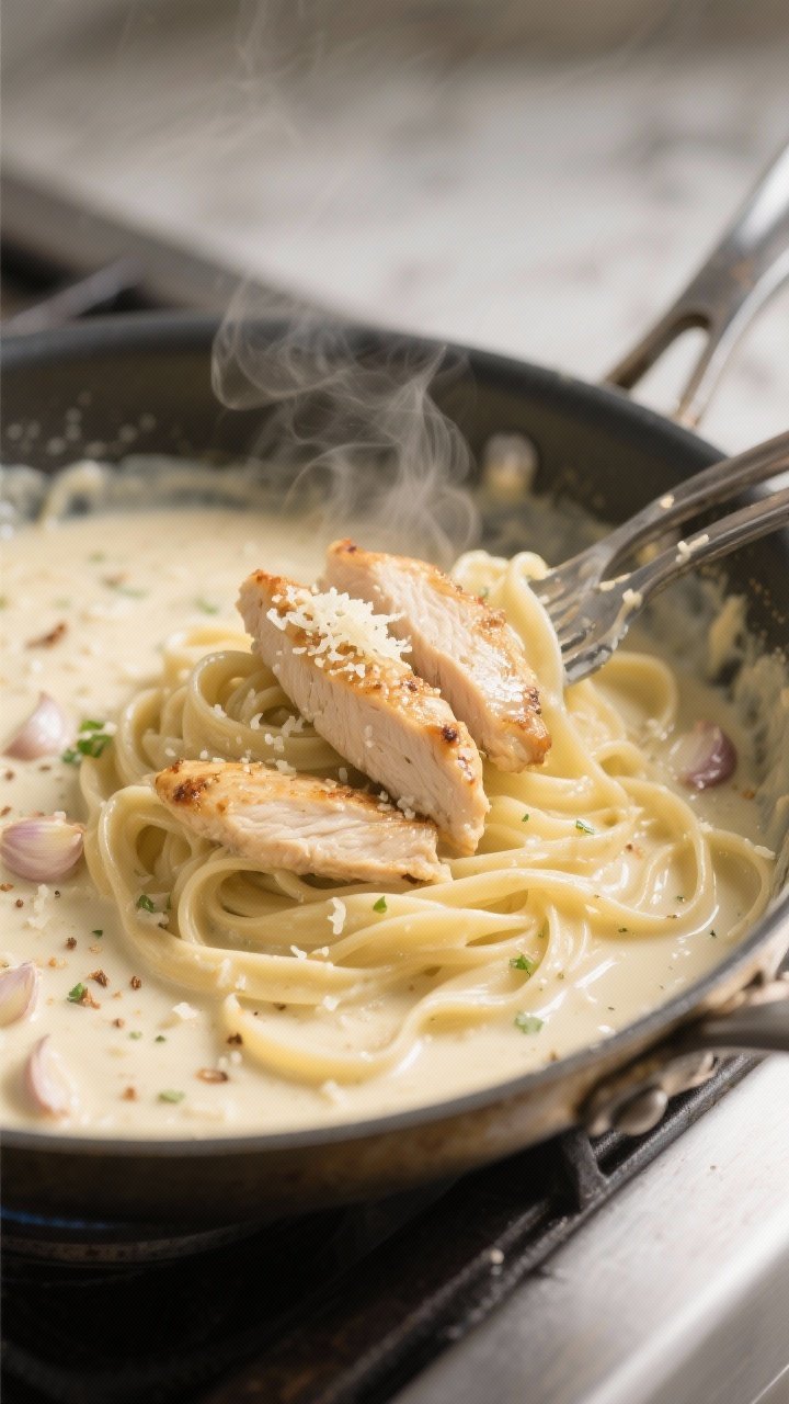Cooking process close-up: Silky Alfredo sauce being finished in a wide stainless skillet, low gentle