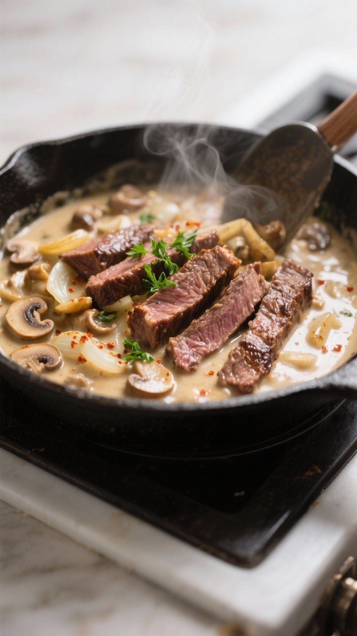 Cooking process close-up: Sliced seared beef strips being returned to a wide skillet of simmering cr