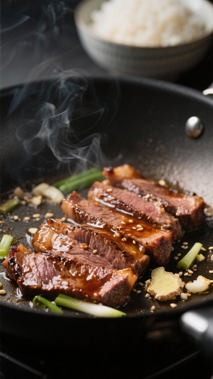 Cooking process close-up: Thin-sliced flank steak searing in a wok, edges caramelized and slightly c