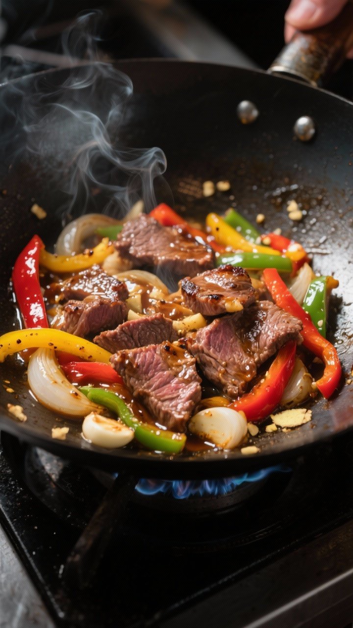 Cooking process close-up: Thinly sliced beef searing in a blazing-hot wok, caramelized edges and glo