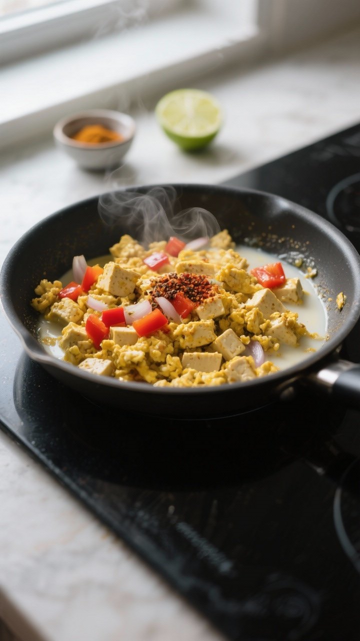 Cooking process close-up: Tofu scramble sizzling in a nonstick skillet, mid-cook, with visible fluff