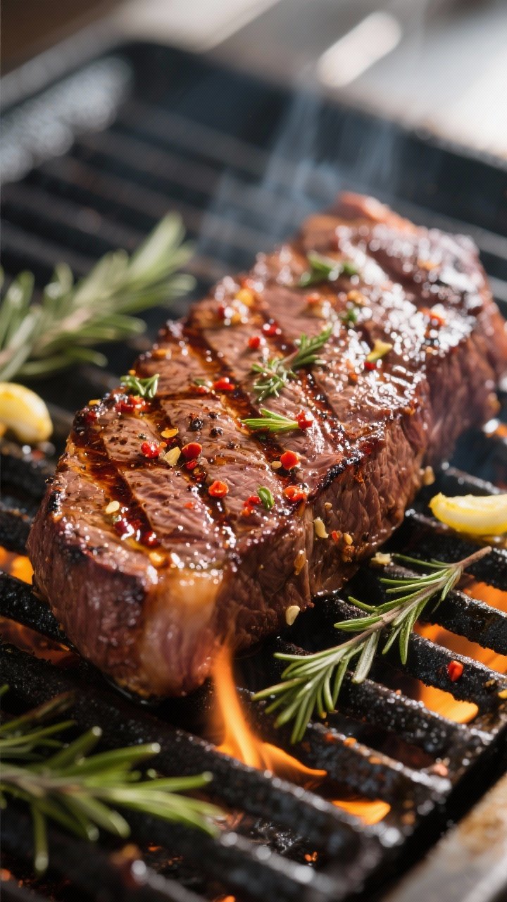Cooking process close-up: Venison tenderloin on a hot grill at medium-high heat, beautifully seared 