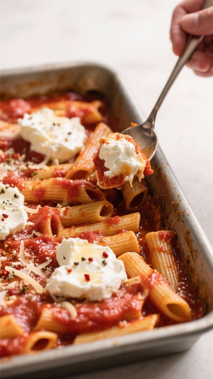 Cooking process close-up: Ziti coated in thick, simmered tomato sauce being layered into a greased 9