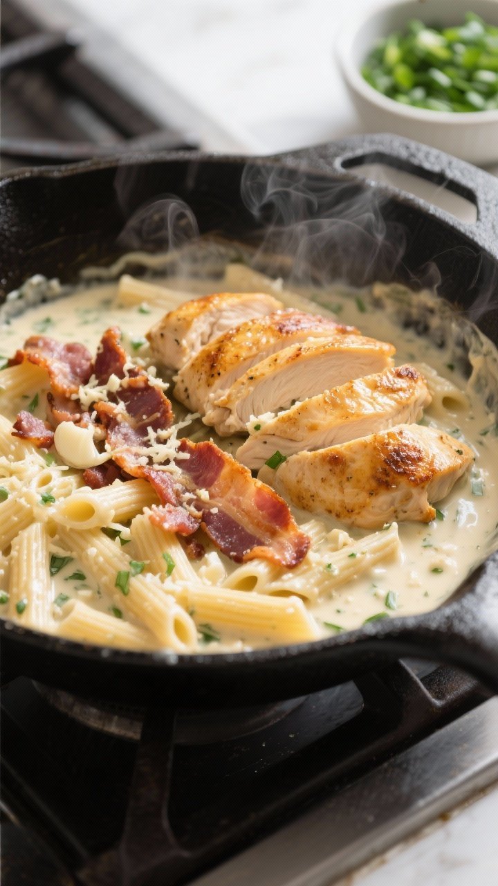 Cooking process: Golden seared chicken and crisped bacon being folded into a silky ranch-Parmesan cr