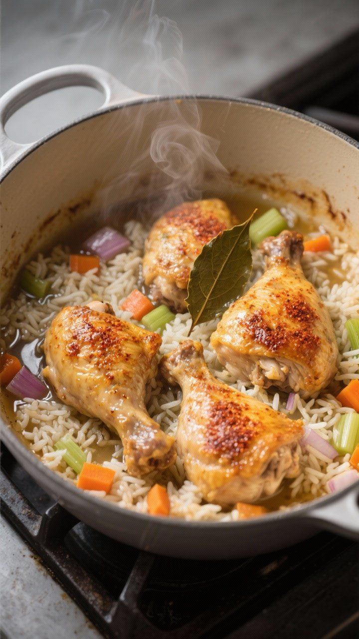 Cooking process, overhead: Dutch oven on the stovetop with golden, crispy-skinned chicken thighs nes