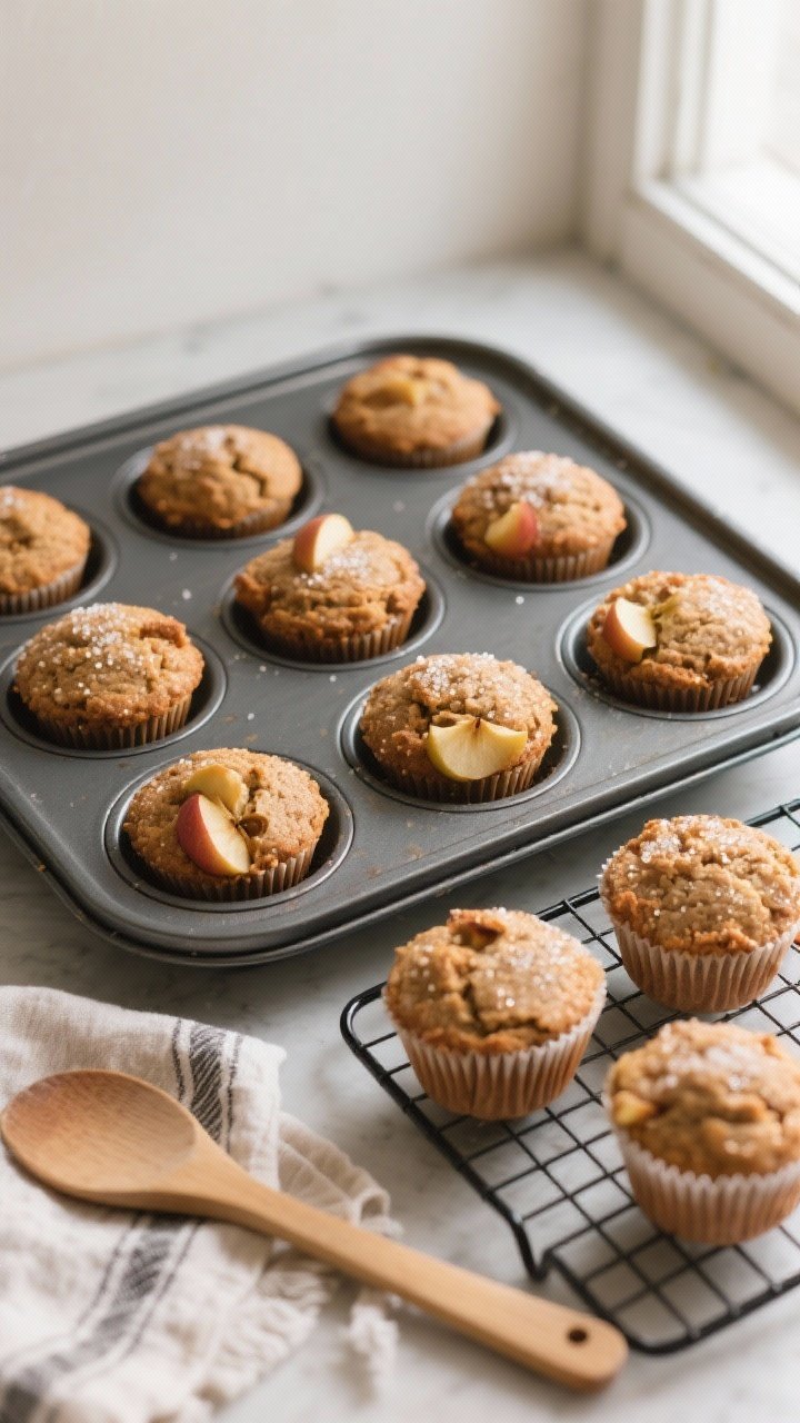 Cooking process, overhead: Overhead shot of a 12-cup muffin tin just pulled from the oven, showing g