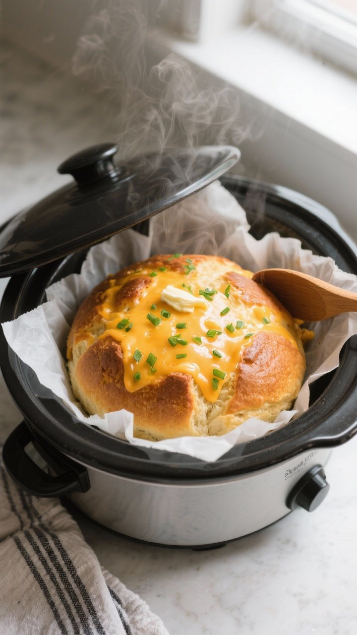 Cooking process, overhead: Overhead shot of a golden, domed loaf of slow cooker cheddar beer bread s