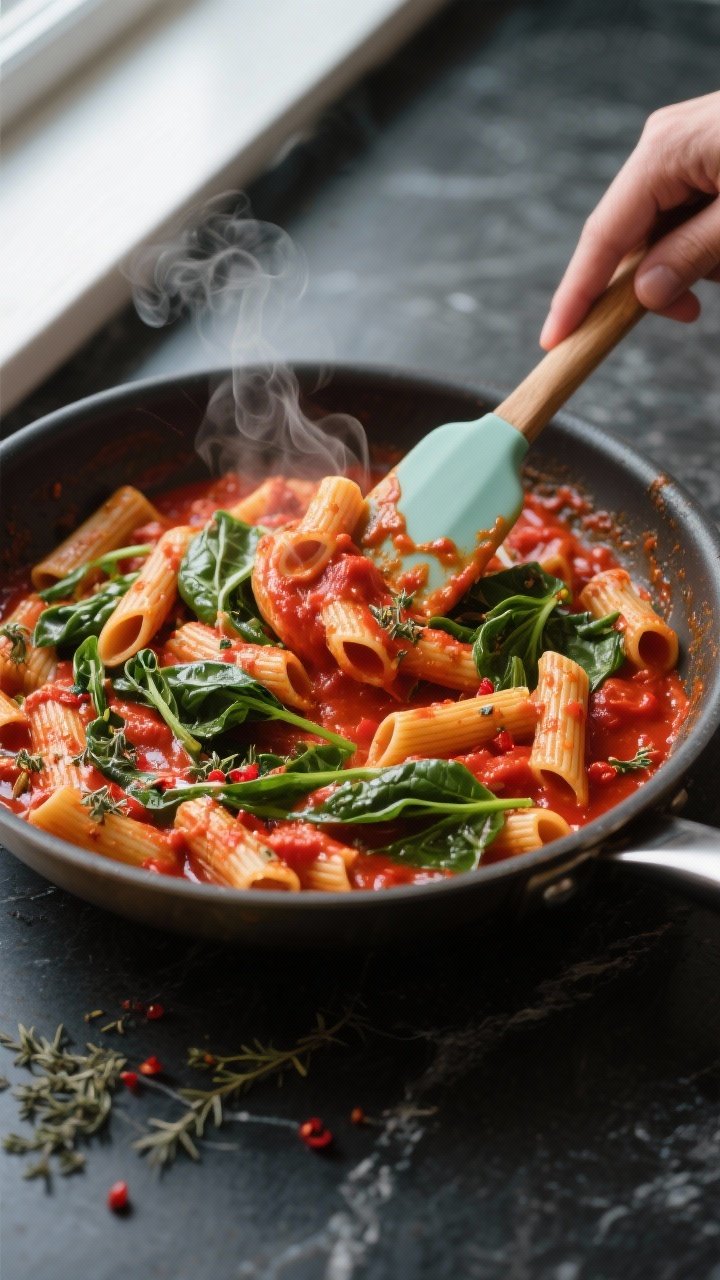 Cooking process, overhead: Overhead shot of par-cooked ziti tossed in a glossy tomato–spinach sauc