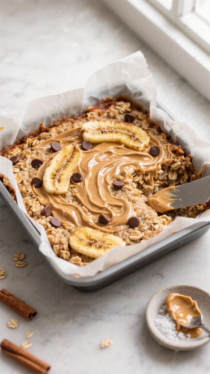 Cooking process, overhead shot: An 8x8-inch pan of freshly baked Peanut Butter Banana Baked Oatmeal 