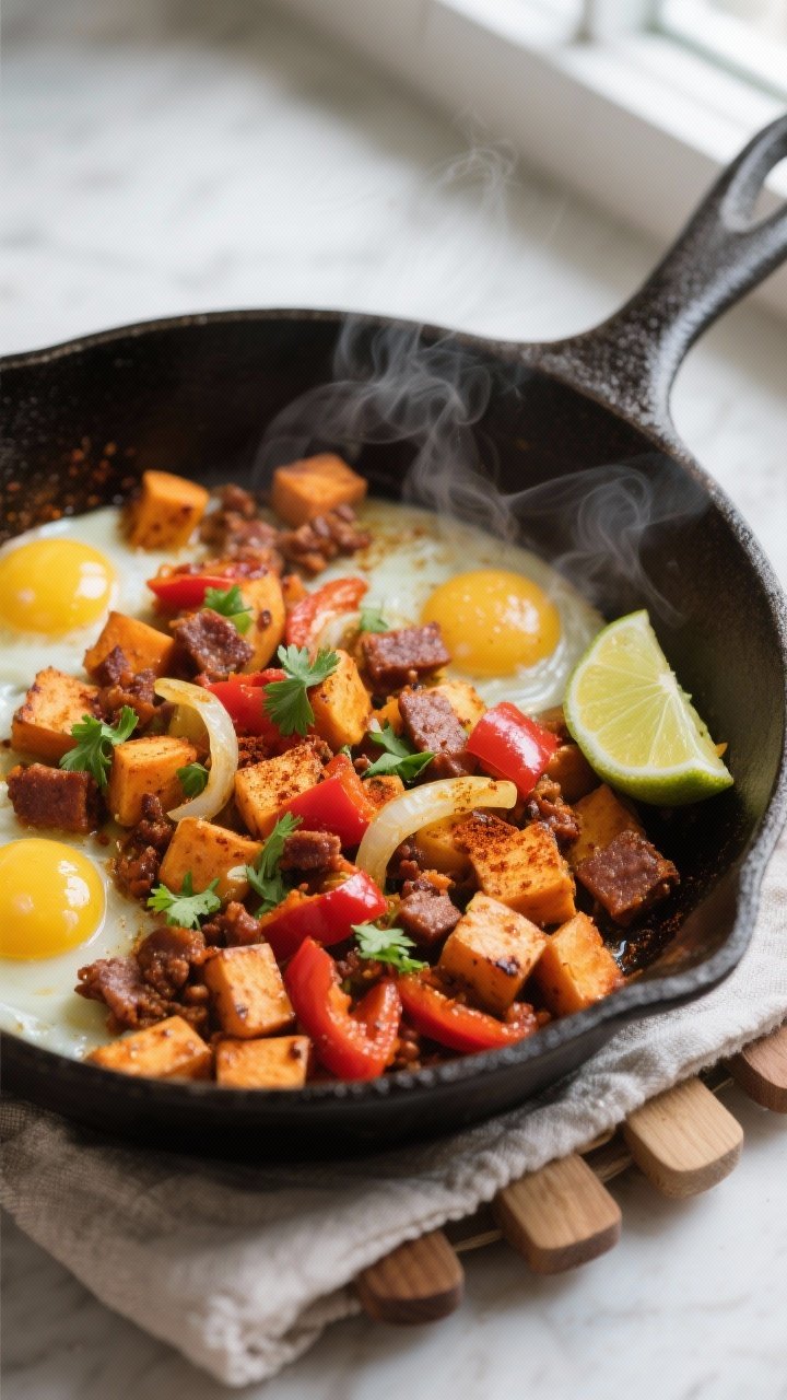 Cooking process, overhead skillet shot: Overhead view of Sweet Potato & Chorizo Hash sizzling in a w