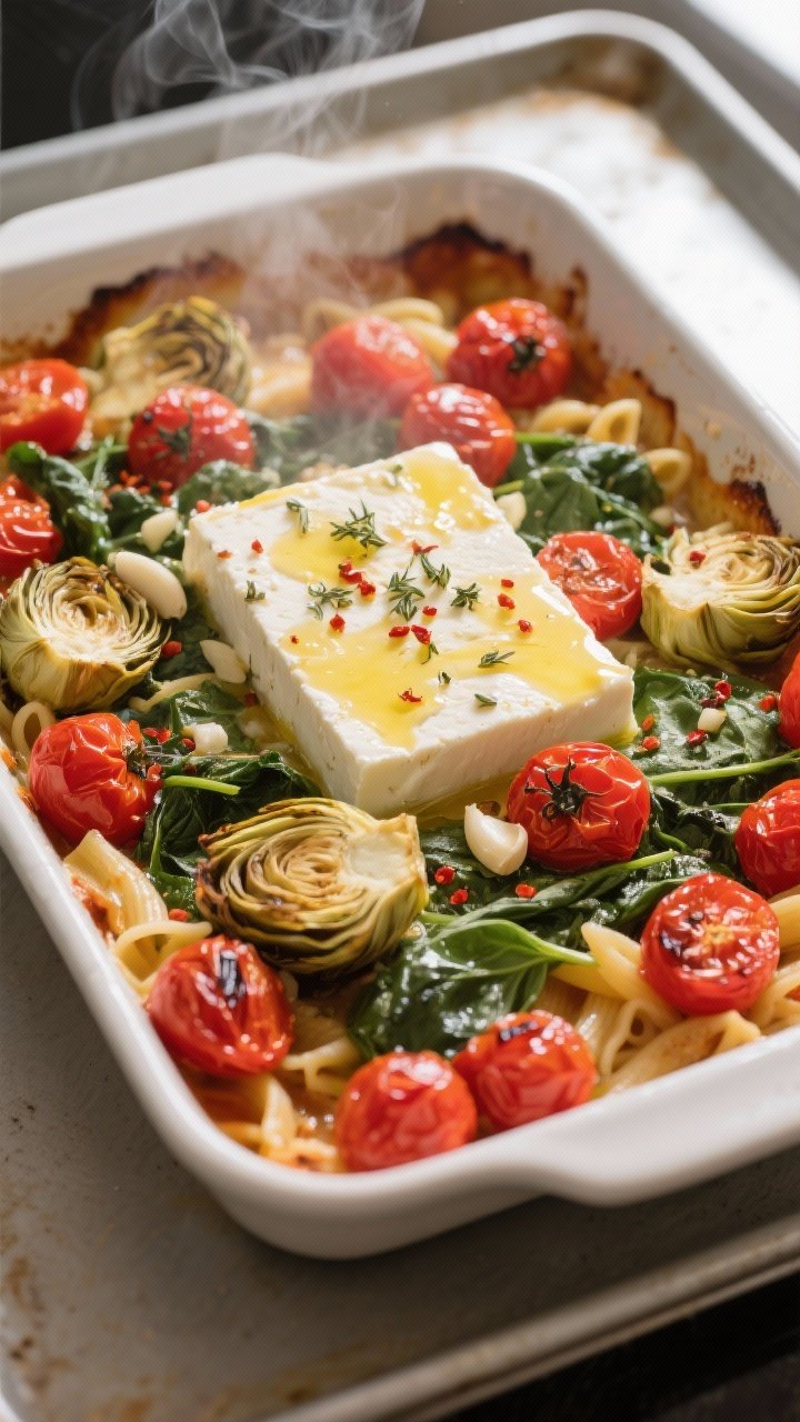 Cooking process, overhead: Spinach & Artichoke Baked Feta Pasta in the oven at peak doneness—overh
