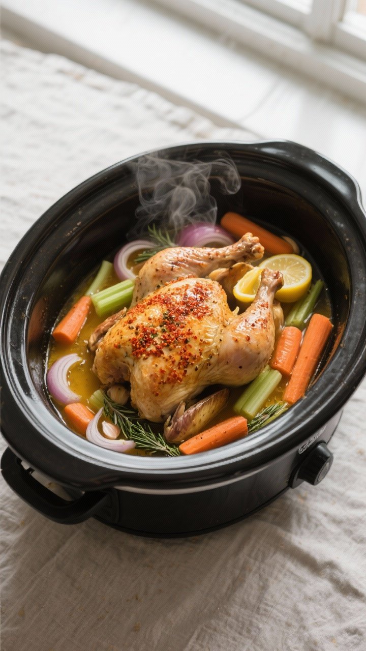 Cooking process, overhead top view: An overhead shot of a whole crockpot chicken just finished cooki