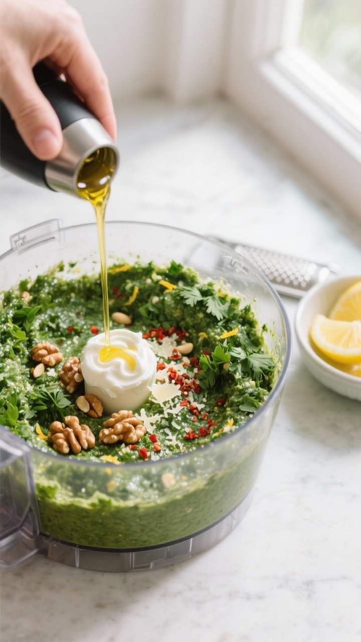 Cooking process — parsley pesto dip coming together in a food processor: overhead shot of the prep