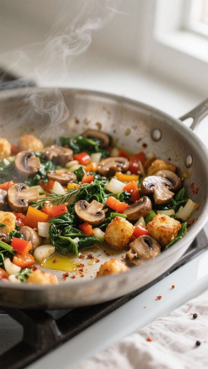 Cooking process — sautéed vegetable base: Close-up of the cooked vegetable mixture for a vegetari