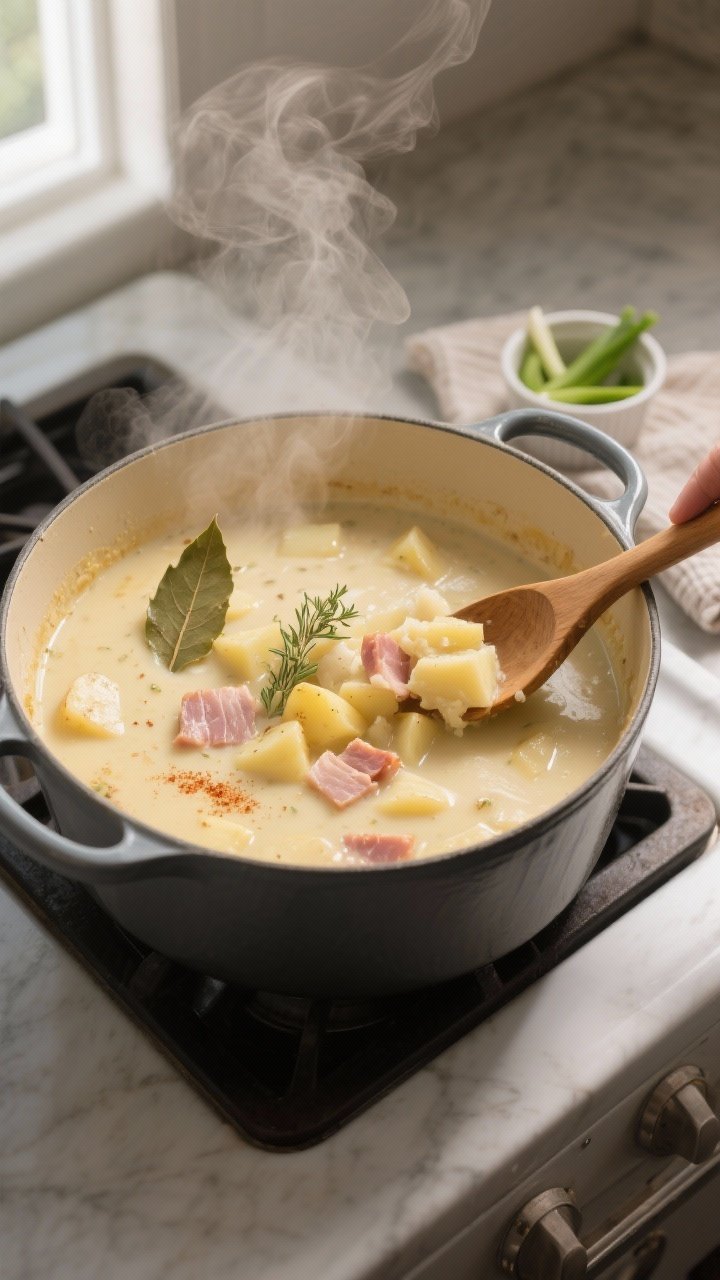 Cooking process shot: A steaming Dutch oven of creamy ham and potato chowder mid-simmer, overhead vi