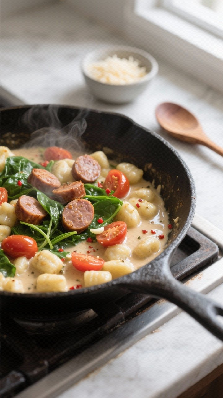 Cooking process, skillet action: Close-up of a large, heavy-bottomed skillet on the stovetop with pi