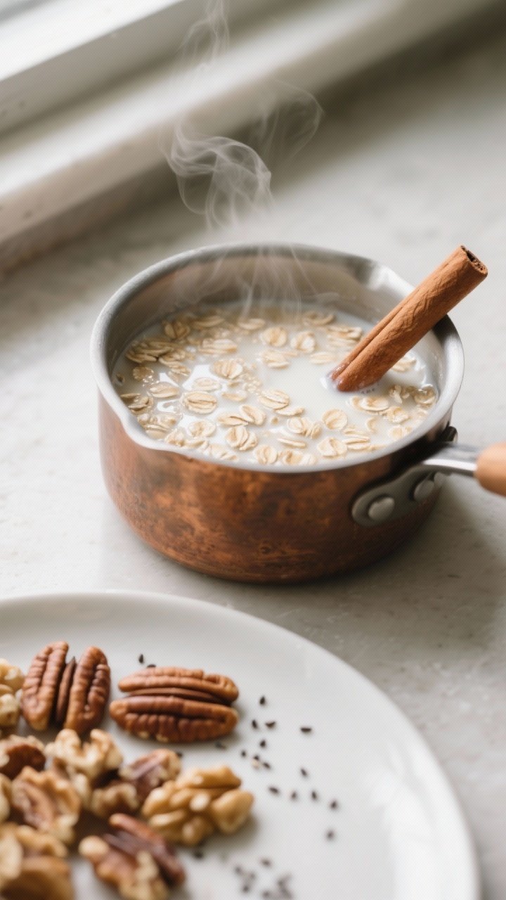 Cooking process — Toasted nuts and creamy oats: Close-up of a small saucepan of rolled oats simmer