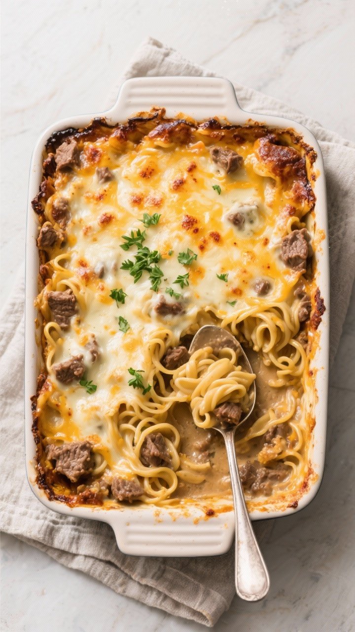 Final baked casserole top-view: Overhead shot of the creamy beef and noodle casserole in a 9x13 cera