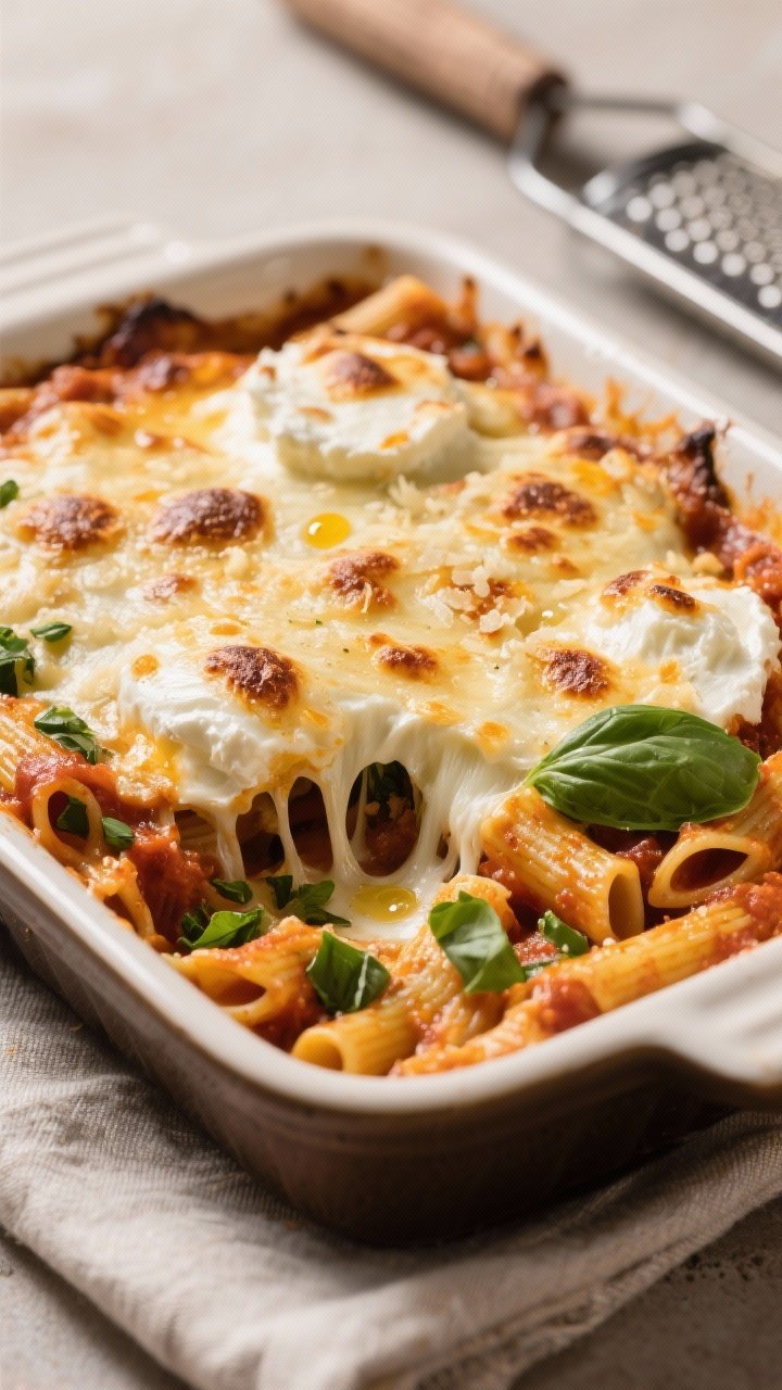 Final dish, close-up detail: Close-up of a just-baked vegetarian baked ziti in a 9x13 ceramic dish,