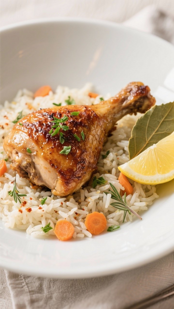 Final dish, close-up detail: Plated classic chicken and rice in a wide, shallow white bowl—juicy b