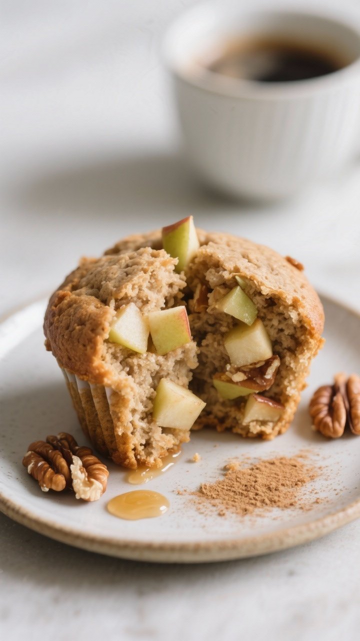 Final dish, close-up detail: Tight close-up of a split-open whole wheat apple muffin on a small cera