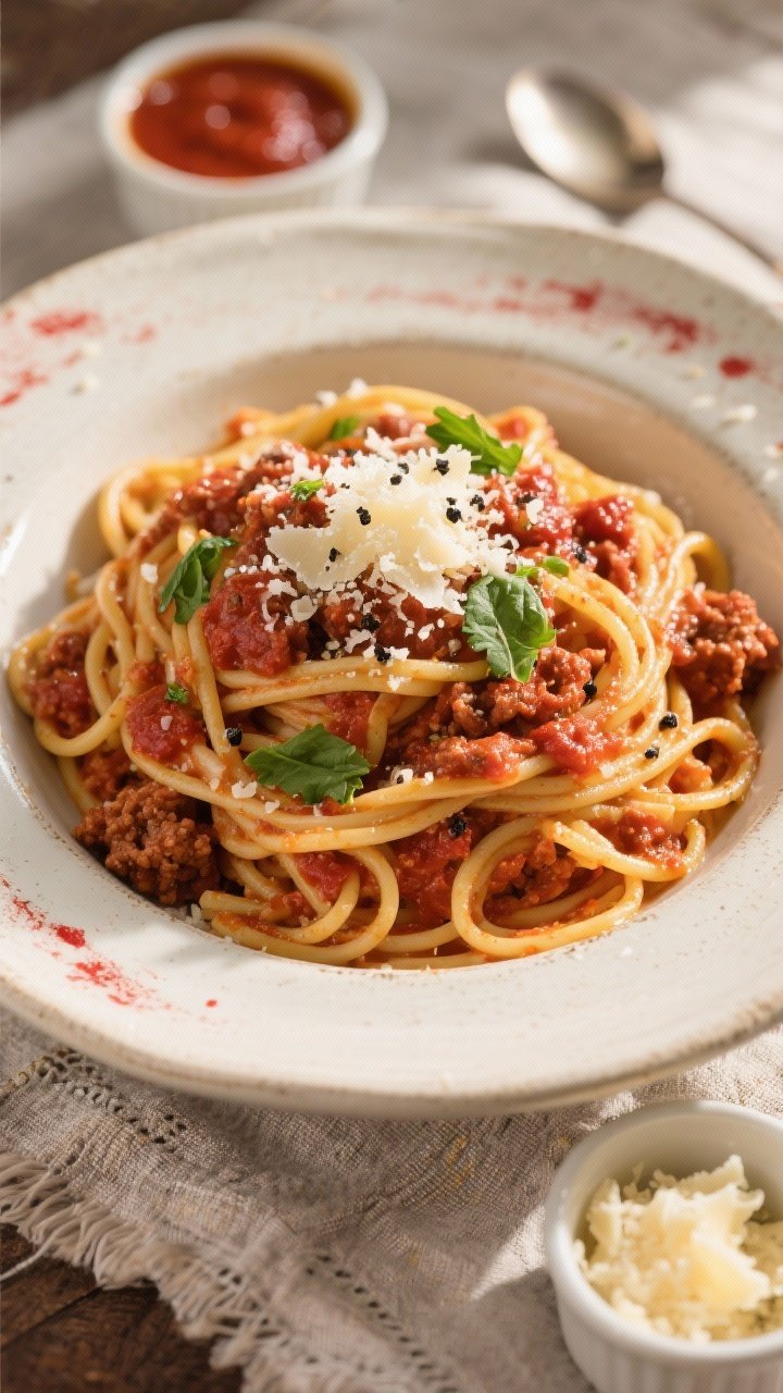 Final dish overhead: A generous bowl of spaghetti tossed with Bolognese, sauce clinging to al dente 