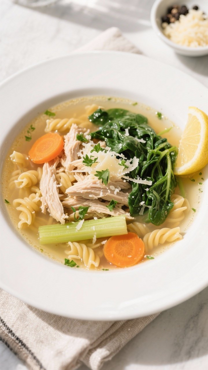Final dish overhead: A top-down shot of Classic Italian Chicken Soup in a white, wide-rim bowl—dis