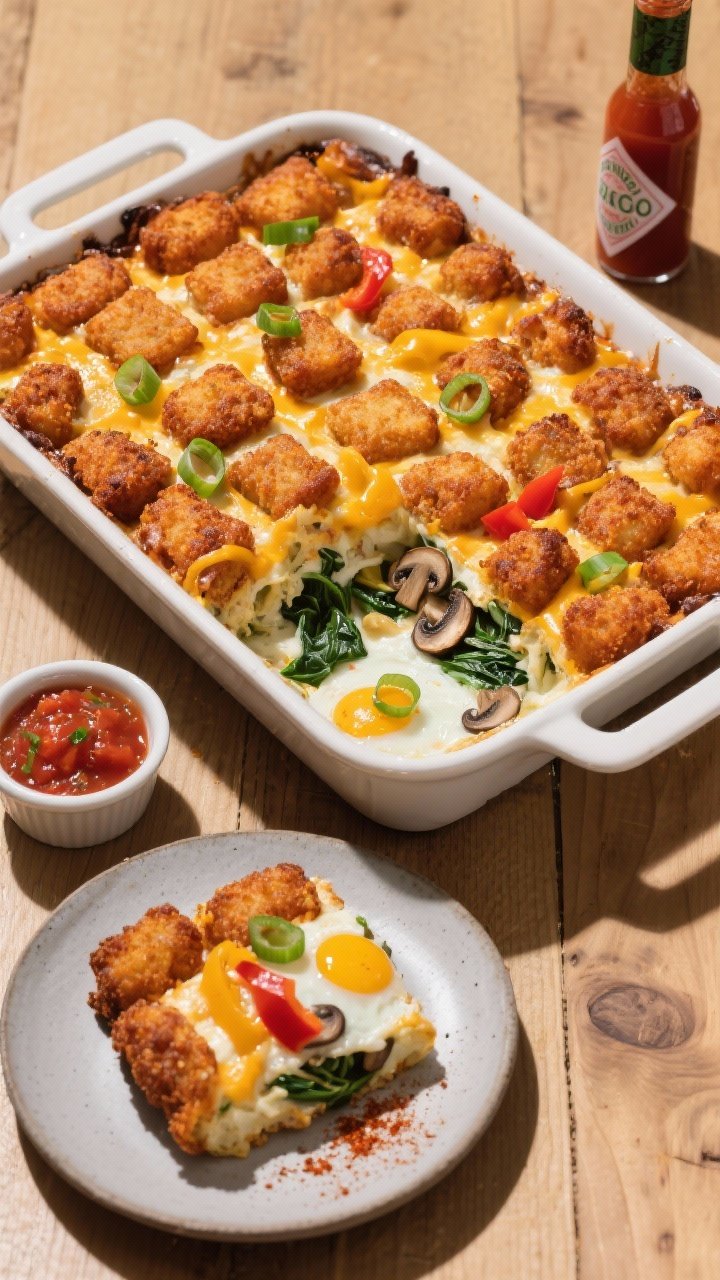 Final dish — overhead and plated: Overhead shot of the baked Vegetarian Tater Tot Breakfast Casser