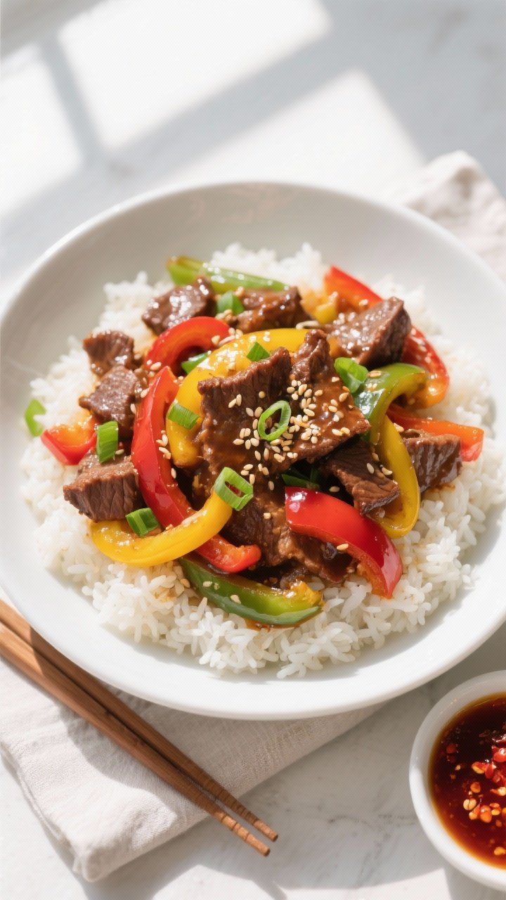Final dish overhead: Beef stir fry with bell peppers plated over fluffy jasmine rice in a wide white