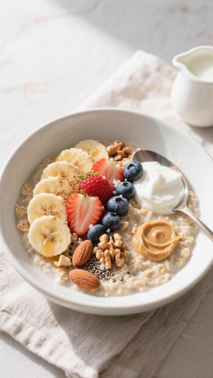 Final dish — Overhead breakfast bowl presentation: Tasty top-down shot of a finished oatmeal bowl