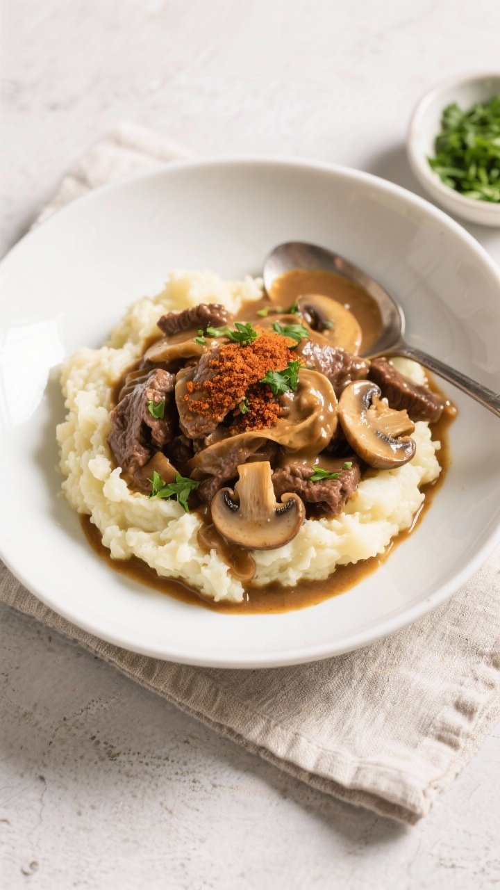 Final dish overhead: Keto beef stroganoff artfully plated over buttery cauliflower mash in a wide, s