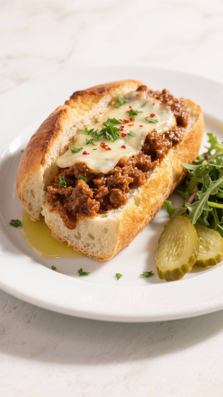 Final dish overhead: Open-faced Garlic Bread Sloppy Joes on thick Italian bread, buttered and baked 