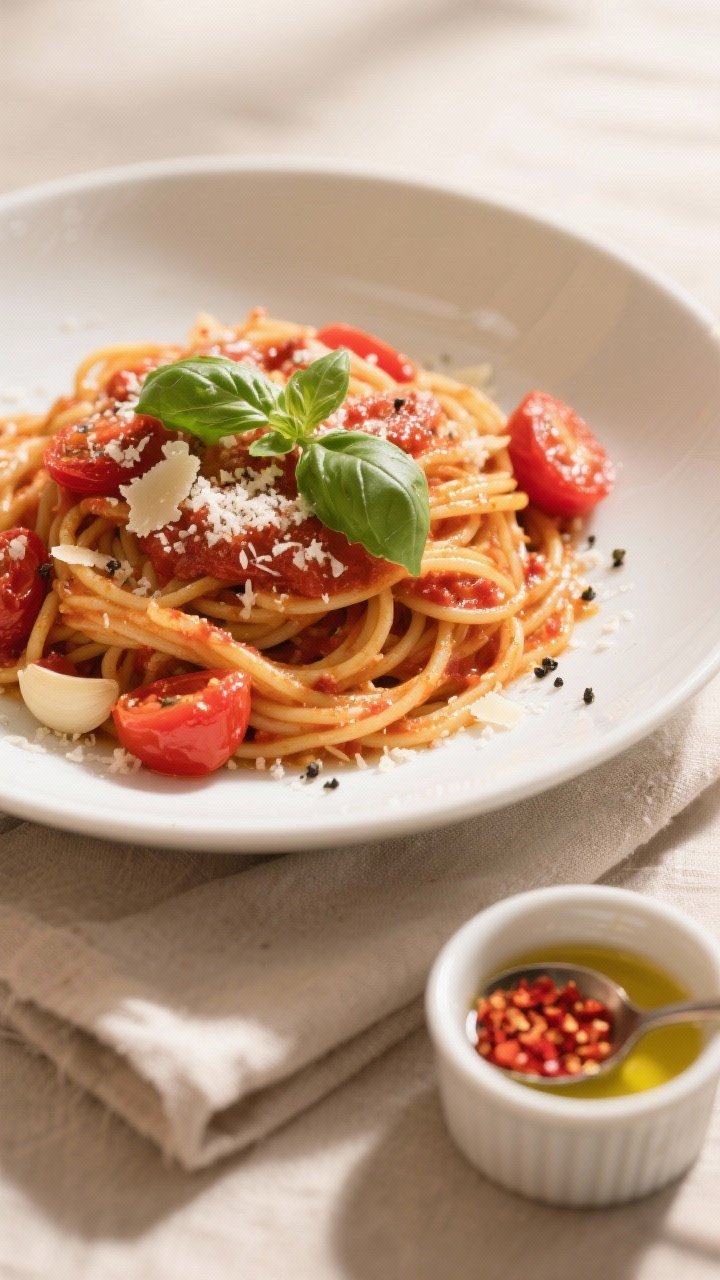 Final dish overhead: Overhead shot of al dente spaghetti tossed with silky roasted tomato and garlic