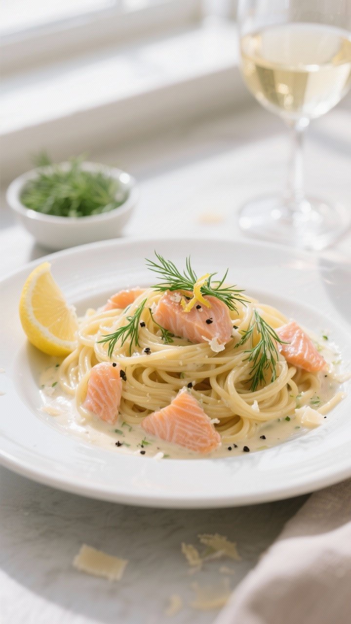 Final dish, overhead plated shot: Creamy dill salmon spaghetti twirled into loose nests on a wide, m