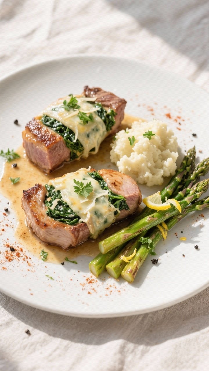 Final dish, overhead plating: Overhead shot of two sliced cheesy spinach stuffed pork chops on a mat
