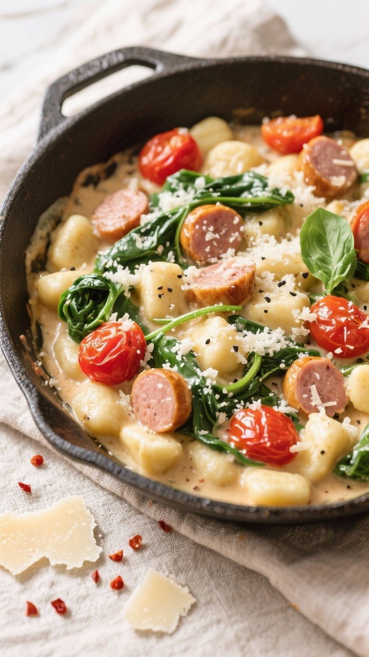 Final dish, overhead presentation: Overhead shot of a cozy, one-pan creamy chicken sausage gnocchi s