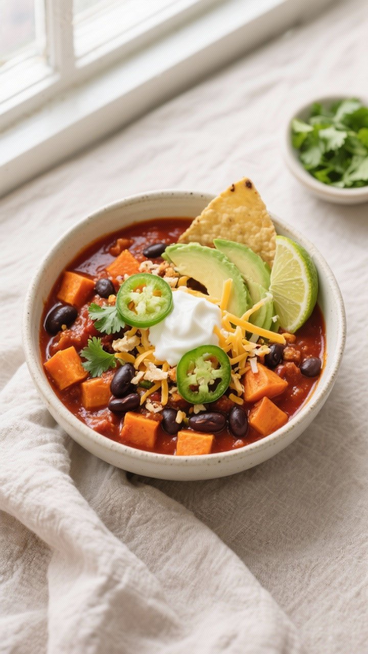 Final dish — Overhead shot of a beautifully plated bowl of Vegetarian Sweet Potato Chili: rich, th