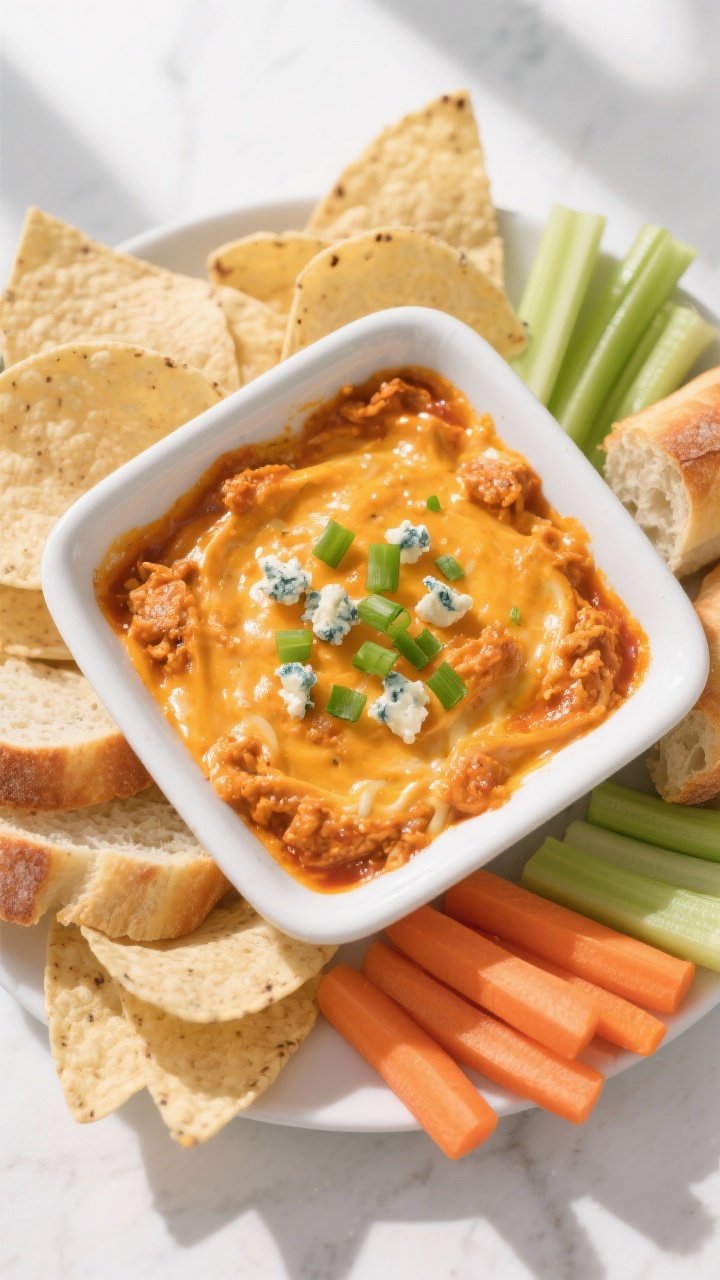 Final dish, : Overhead shot of Buffalo Chicken Dip smoothed into a white 8x8 baking dish, topped wit