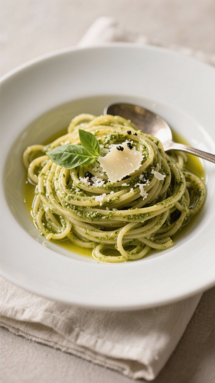 Final dish overhead: Silky pesto tossed with al dente spaghetti off the heat, shown top-down in a wi