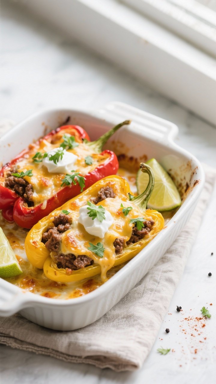 Final dish overhead: Tasty of keto taco stuffed peppers baked until tender, cheese melted and bubbly